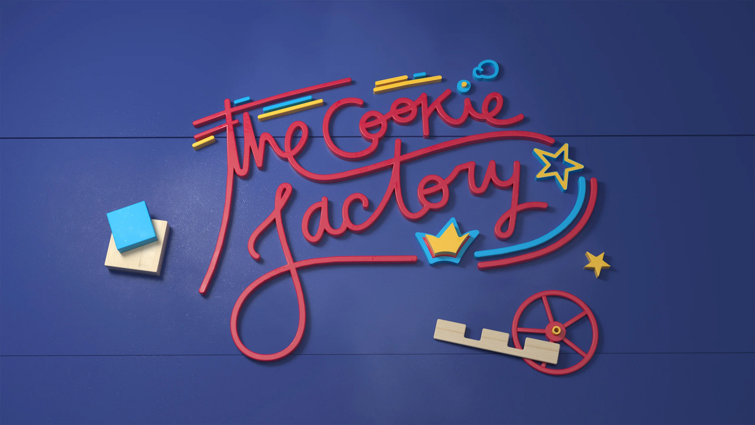 Whimsical animation of 'The Cookie Factory' logo with colorful lettering, a toy-like crown, stars, and geometric shapes on a blue background.