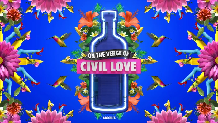 A vibrant digital artwork featuring a central neon blue bottle silhouette surrounded by exotic flowers and hummingbirds against a bright blue background.