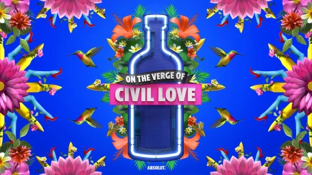 A vibrant digital artwork featuring a central neon blue bottle silhouette surrounded by exotic flowers and hummingbirds against a bright blue background.