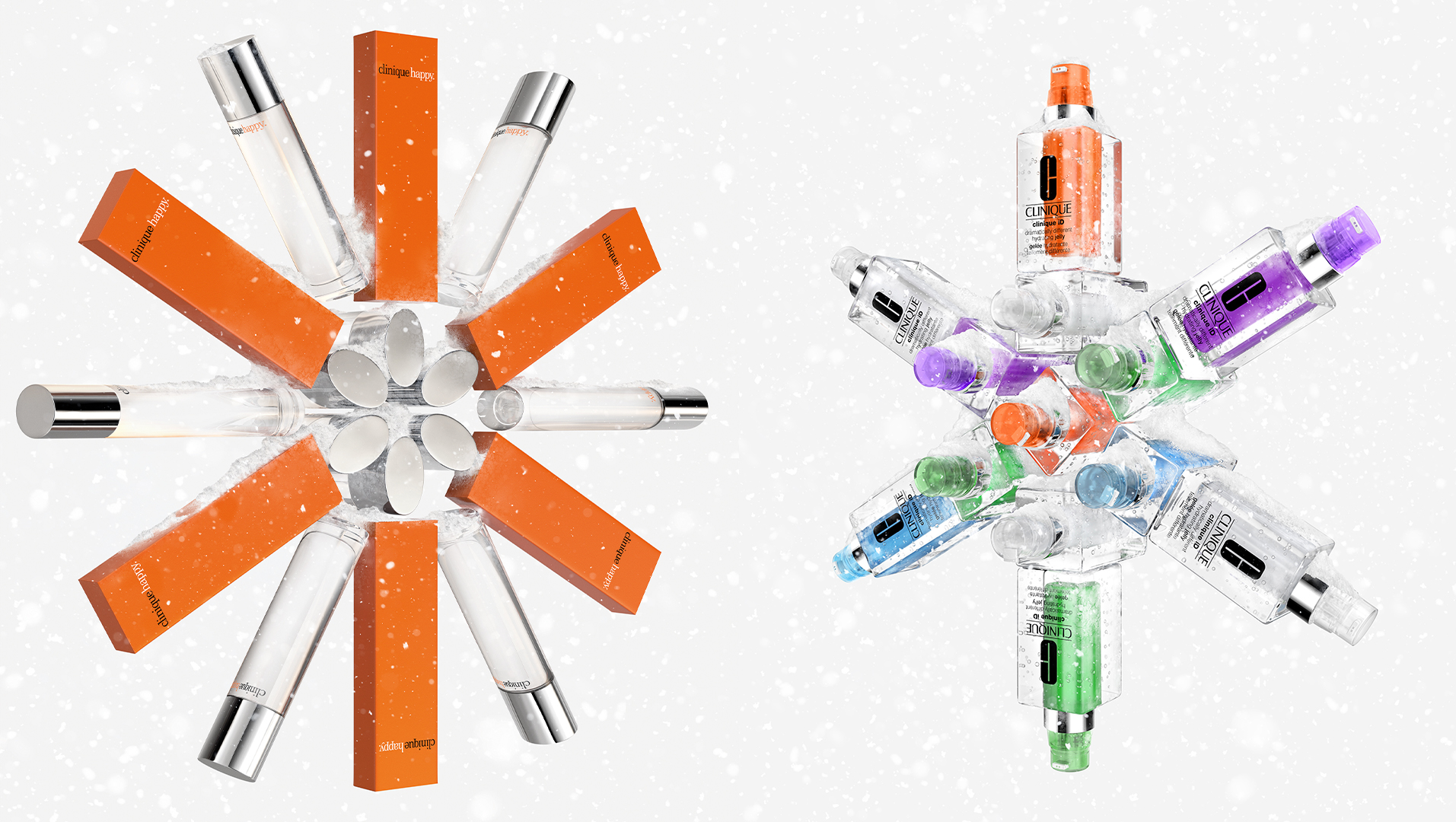 Two snowflakes are made from clear and multi-colored Clinique skincare bottles and boxes against a white background with snowflake effects.