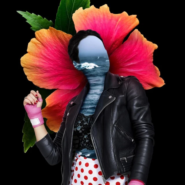 Abstract portrait of a woman with ocean fill, wearing a black leather jacket and red polka dot skirt, set against a black background.