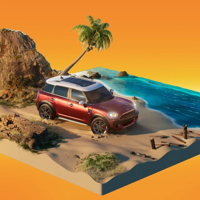 A red Mini Cooper Countryman SUV is parked on a sandbar near a blue ocean and a small rock hill on a bright, sunny day with orange sky.