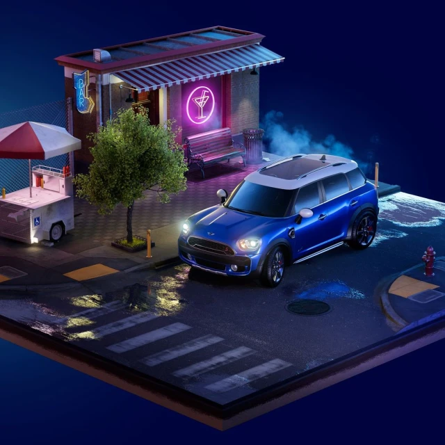 Blue Mini Cooper car parked near a neon-lit bar with a cocktail sign, complemented by a food cart under a dark blue sky.
