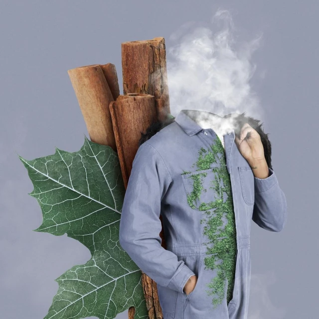 Surreal fashion portrait of a person with smoke obscuring their head, wearing an overall, next to a leaf and wooden logs.