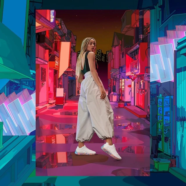 A woman in wide-legged pants and sneakers poses in an anime-style street scene with colorful buildings and neon lighting.