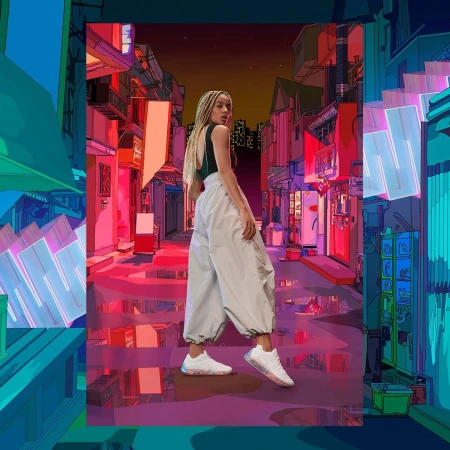A woman in wide-legged pants and sneakers poses in an anime-style street scene with colorful buildings and neon lighting.