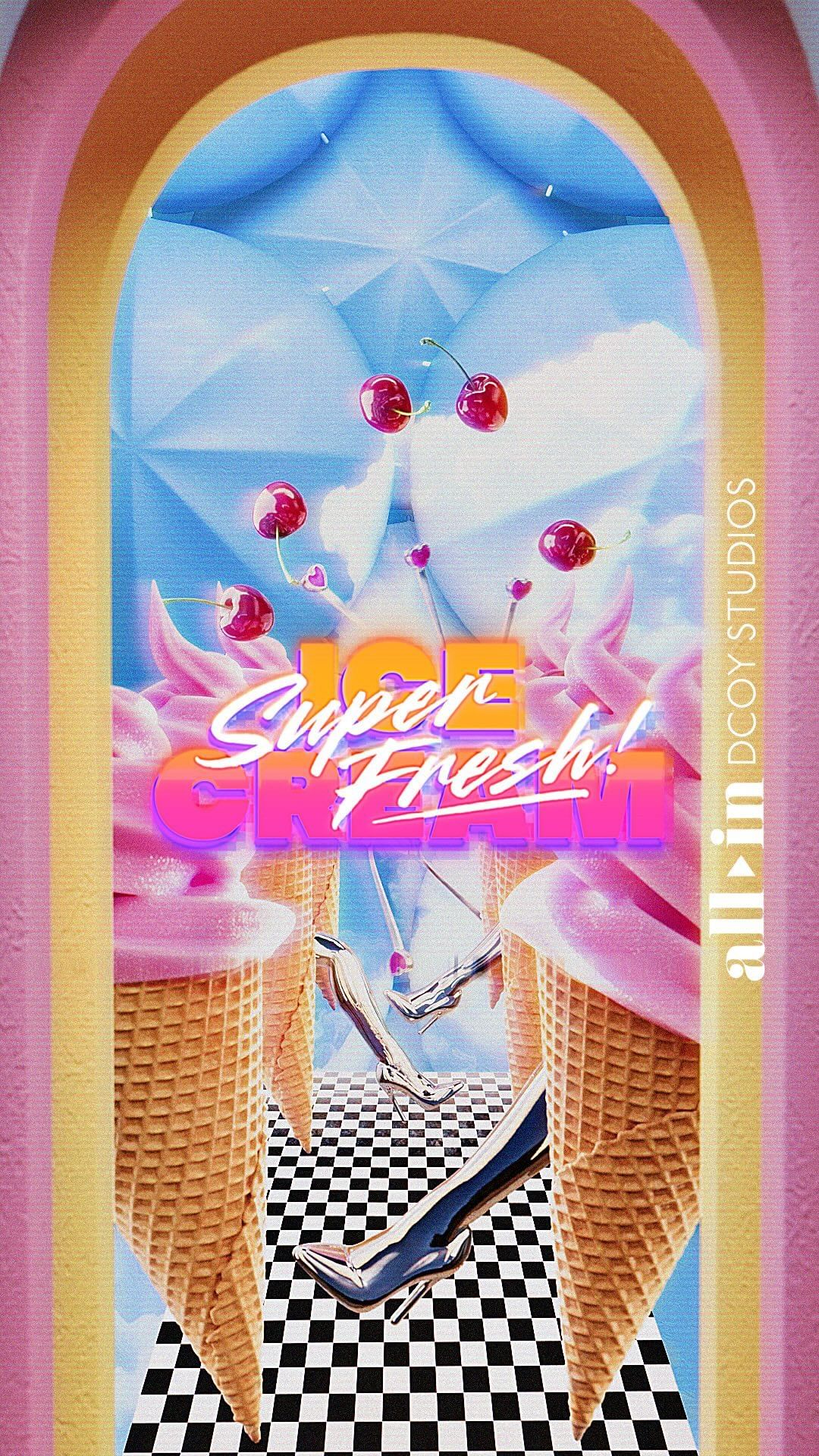 Digitally created surreal archway leading to a surreal checkerboard world with floating cherries and ice cream cone pillars.