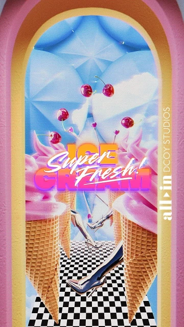 Digitally created surreal archway leading to a surreal checkerboard world with floating cherries and ice cream cone pillars.