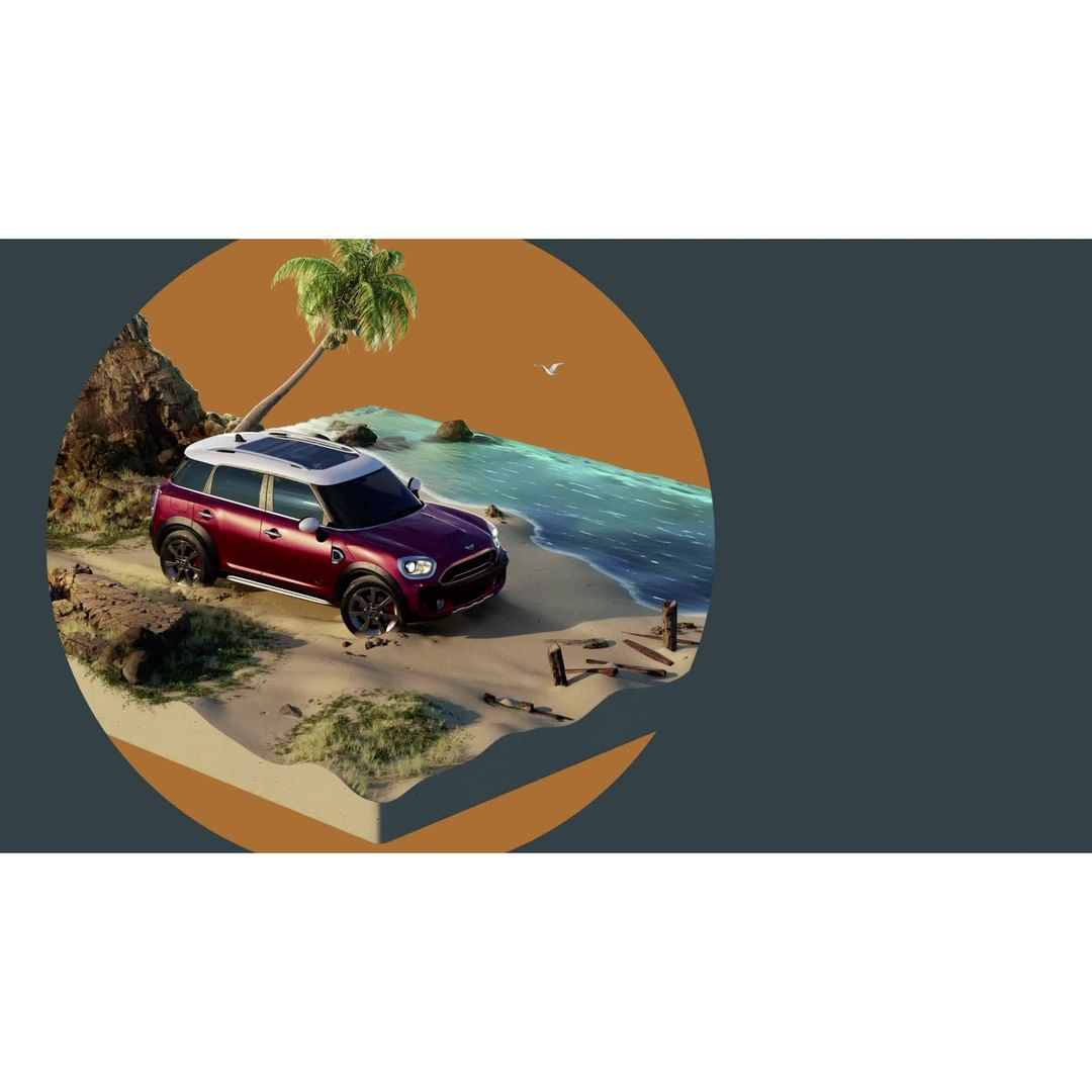 Red Mini Cooper on a sandy beach island with palm trees under a blue sky, in a digitally created or simulated environment.