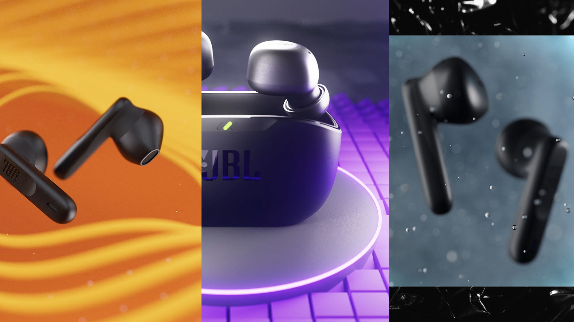 Close-up of black wireless earbuds and charging case against orange, purple, and blue background. Minimalist product photography.