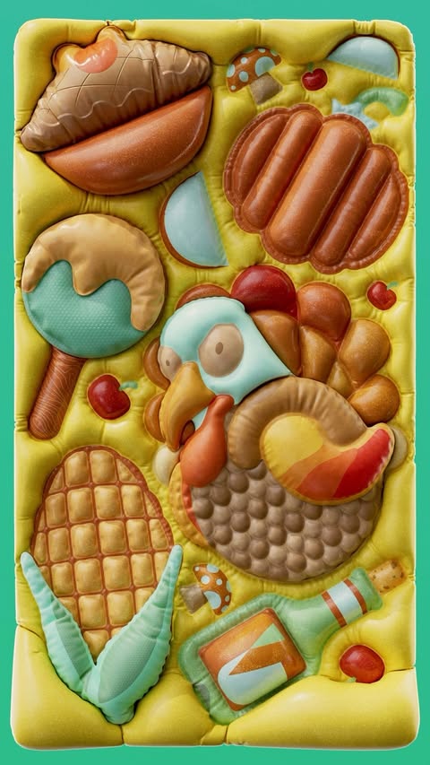 Whimsical Thanksgiving food art: a colorful collection of corn, turkey, wine, pie, sausages and lollipop arranged on a yellow surface.
