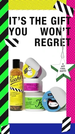 Kiehl's skincare products in a vibrant, graphic setting with yellow, blue, and pink accents, featuring the brand's Calendula toner and other creams.