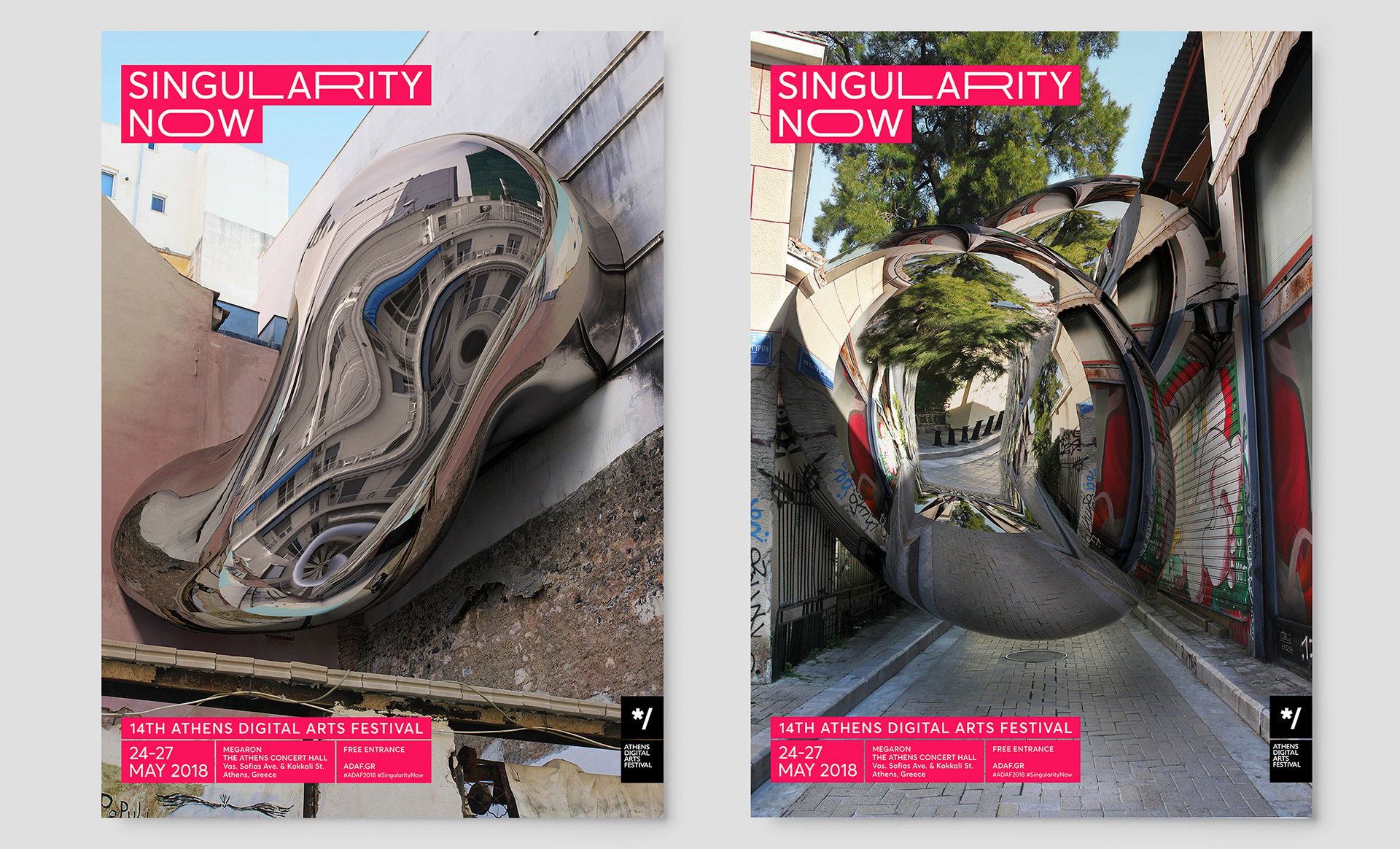 Two posters for the 14th Athens Digital Arts Festival featuring distorted building and street views in a modern, artistic style.