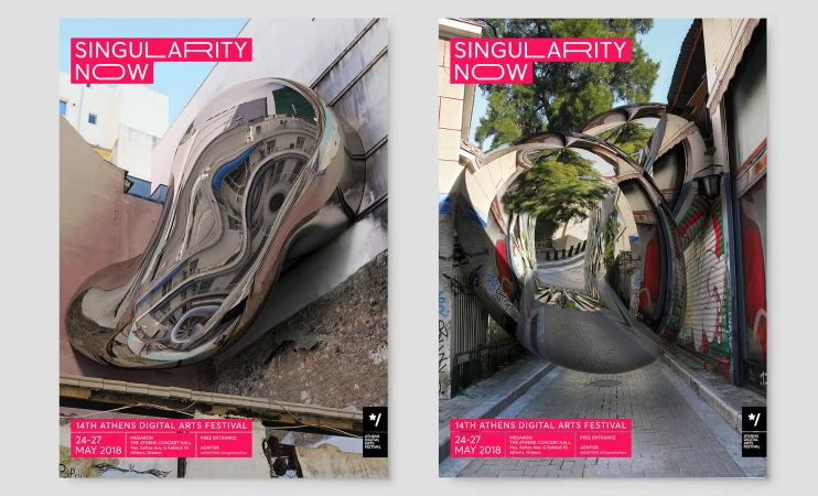 Two posters for the 14th Athens Digital Arts Festival featuring distorted building and street views in a modern, artistic style.