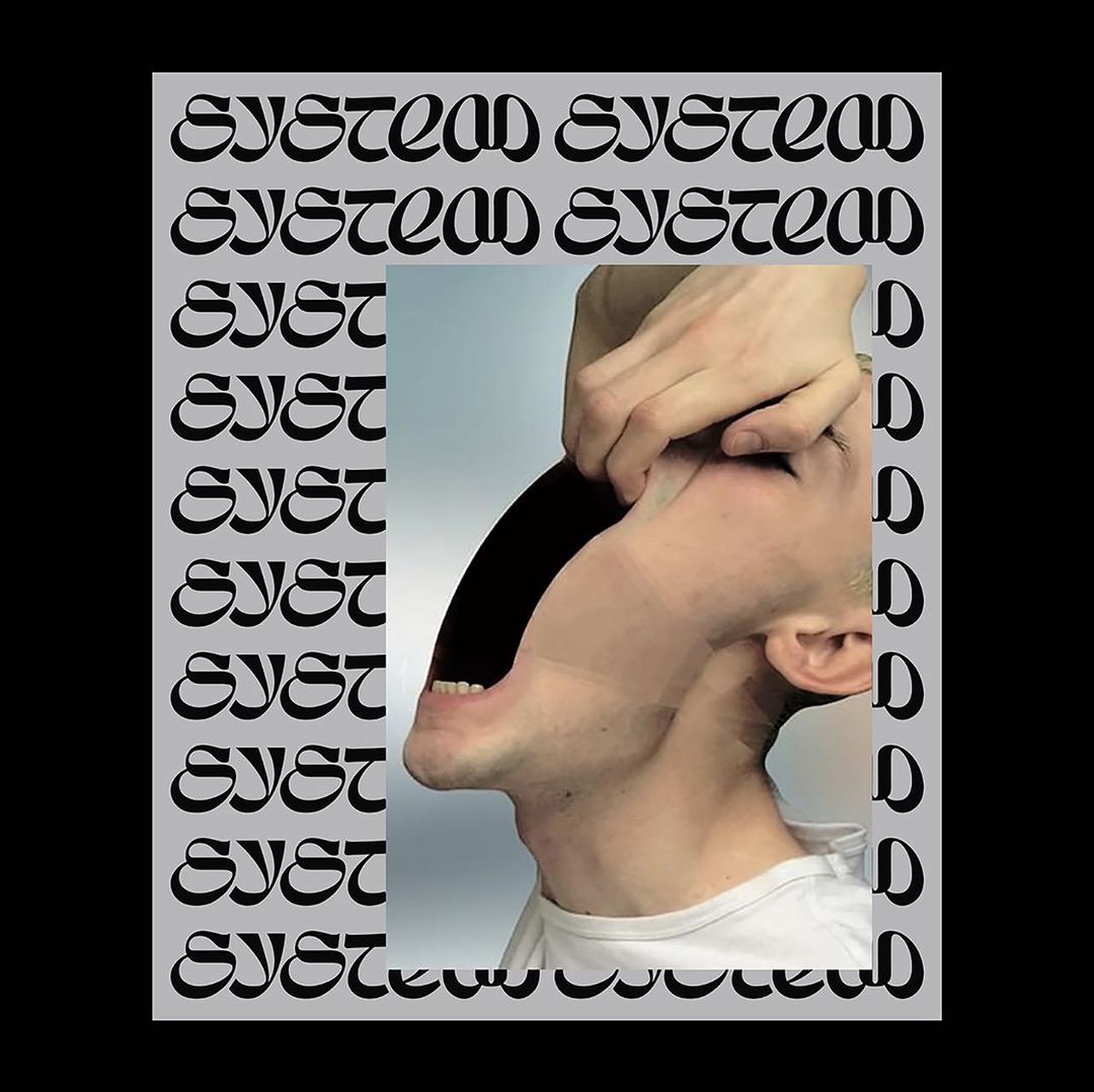 Abstract artistic portrait of a man with hand gesture, created through digital collage with grey background text pattern.