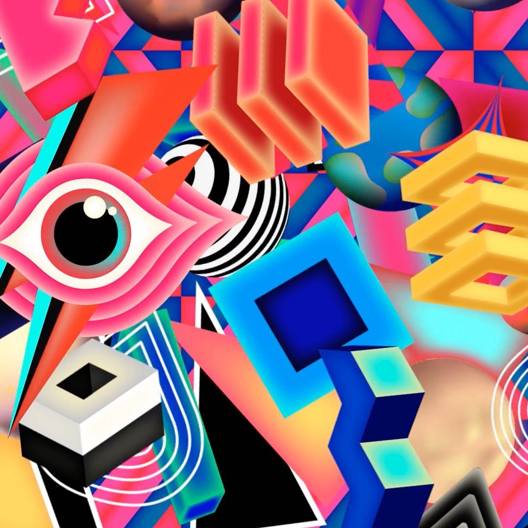 Geometric abstract art featuring a floating eye, stacked rectangles, triangles, and circles in bright pink, blue, and orange hues.
