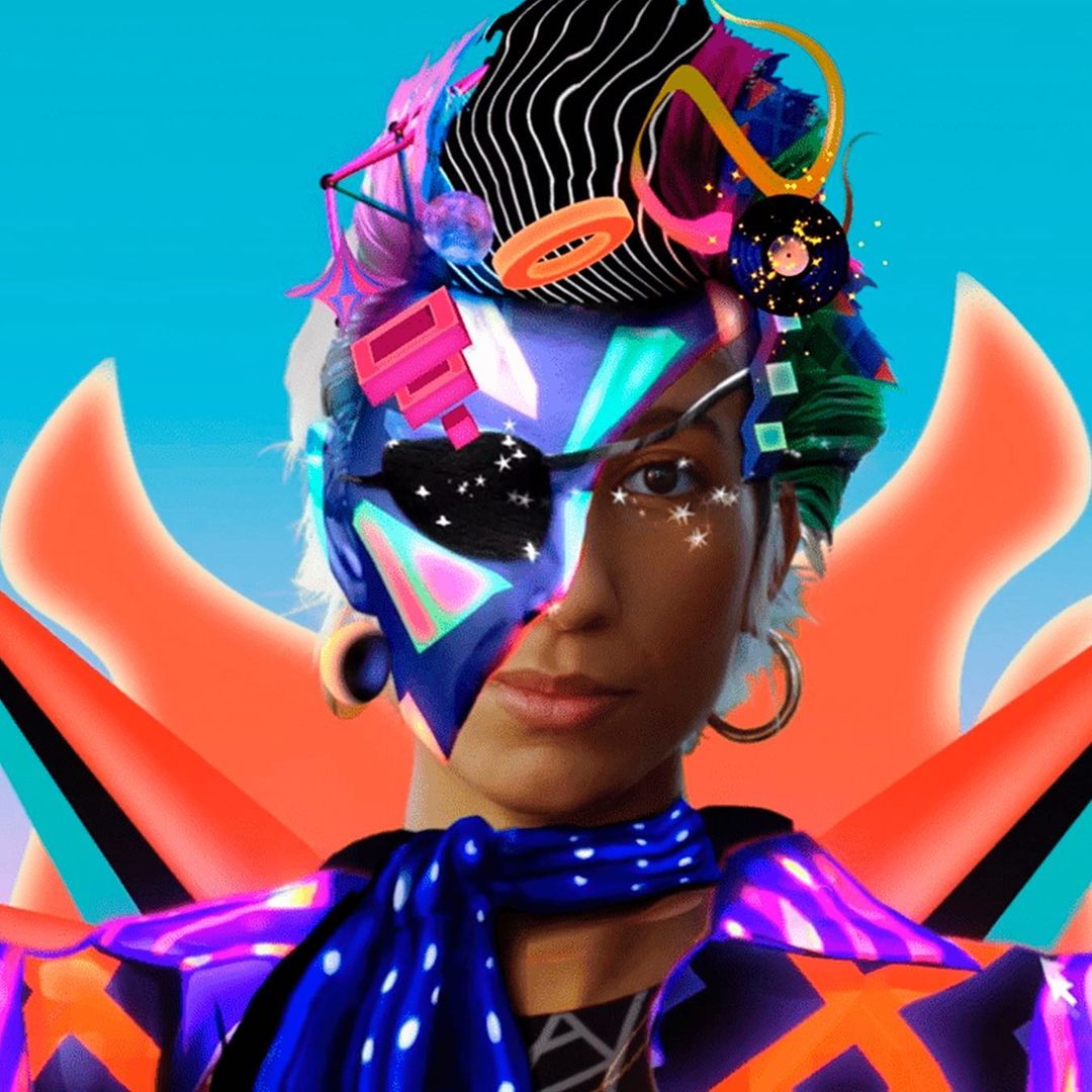 Portrait of a woman with digital face paint and head adornments, set against a vibrant blue background. The artwork has a futuristic aesthetic.
