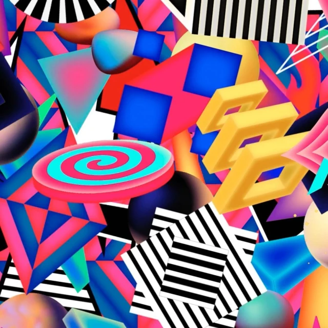 Vibrant abstract collage features geometric shapes, spheres, triangles, and stripes in bright hues of pink, blue, yellow, and black on a white background.