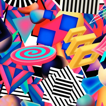 Vibrant abstract collage features geometric shapes, spheres, triangles, and stripes in bright hues of pink, blue, yellow, and black on a white background.