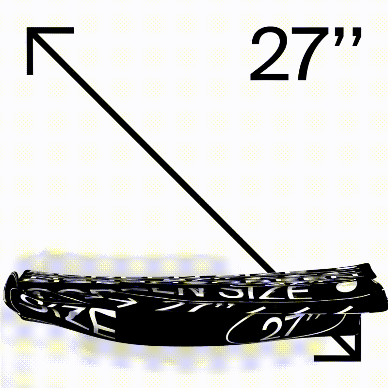Promotional material features '27"' text and bracketed arrow emphasizing screen size dimension against a clean white backdrop.