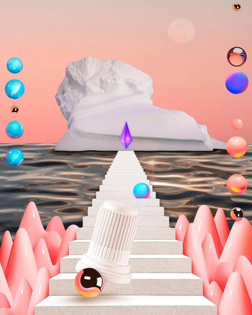 Surreal 3D render featuring a staircase leading to a purple crystal above rippled water, flanked by abstract formations and floating spheres.