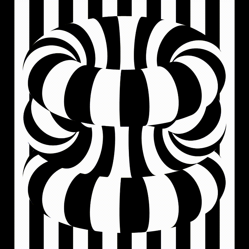 Abstract optical illusion with two rounded stacked striped objects on a background of vertical black and white stripes creating a dizzying effect.