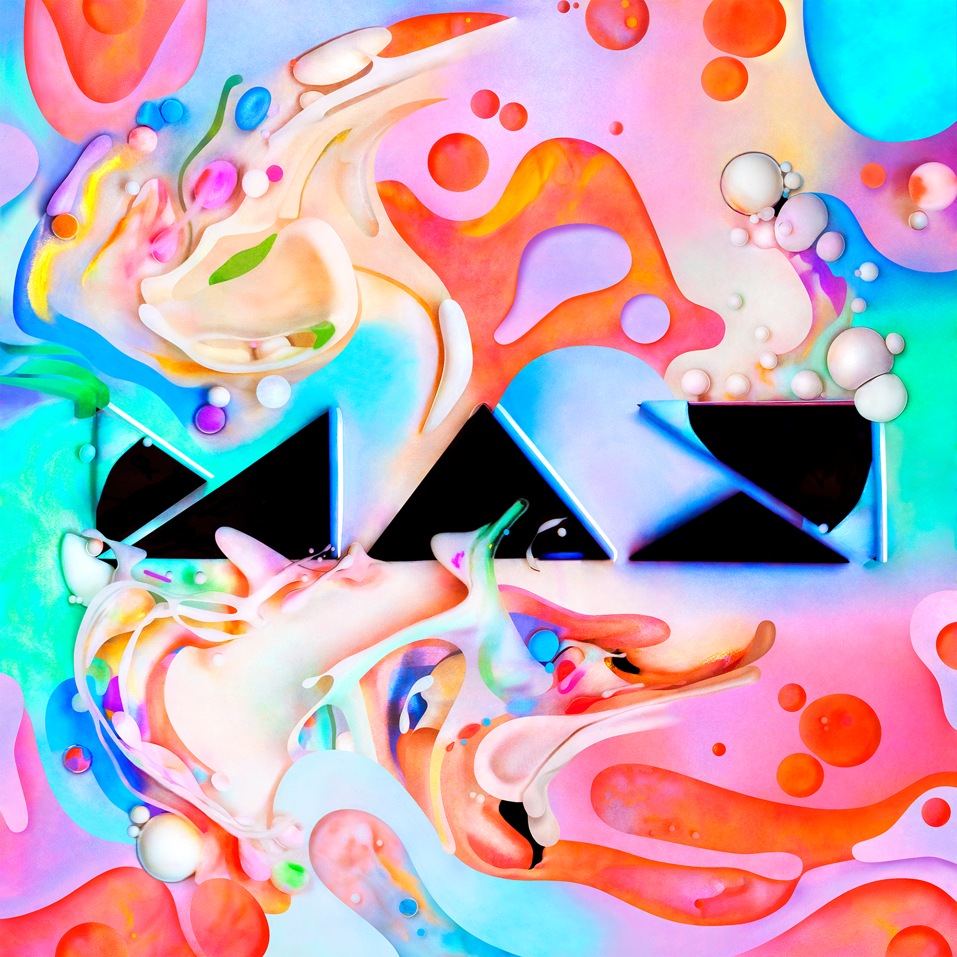 Abstract art features an array of colorful liquid shapes, including swirls, droplets, and triangles, rendered with vibrant hues and glossy textures.