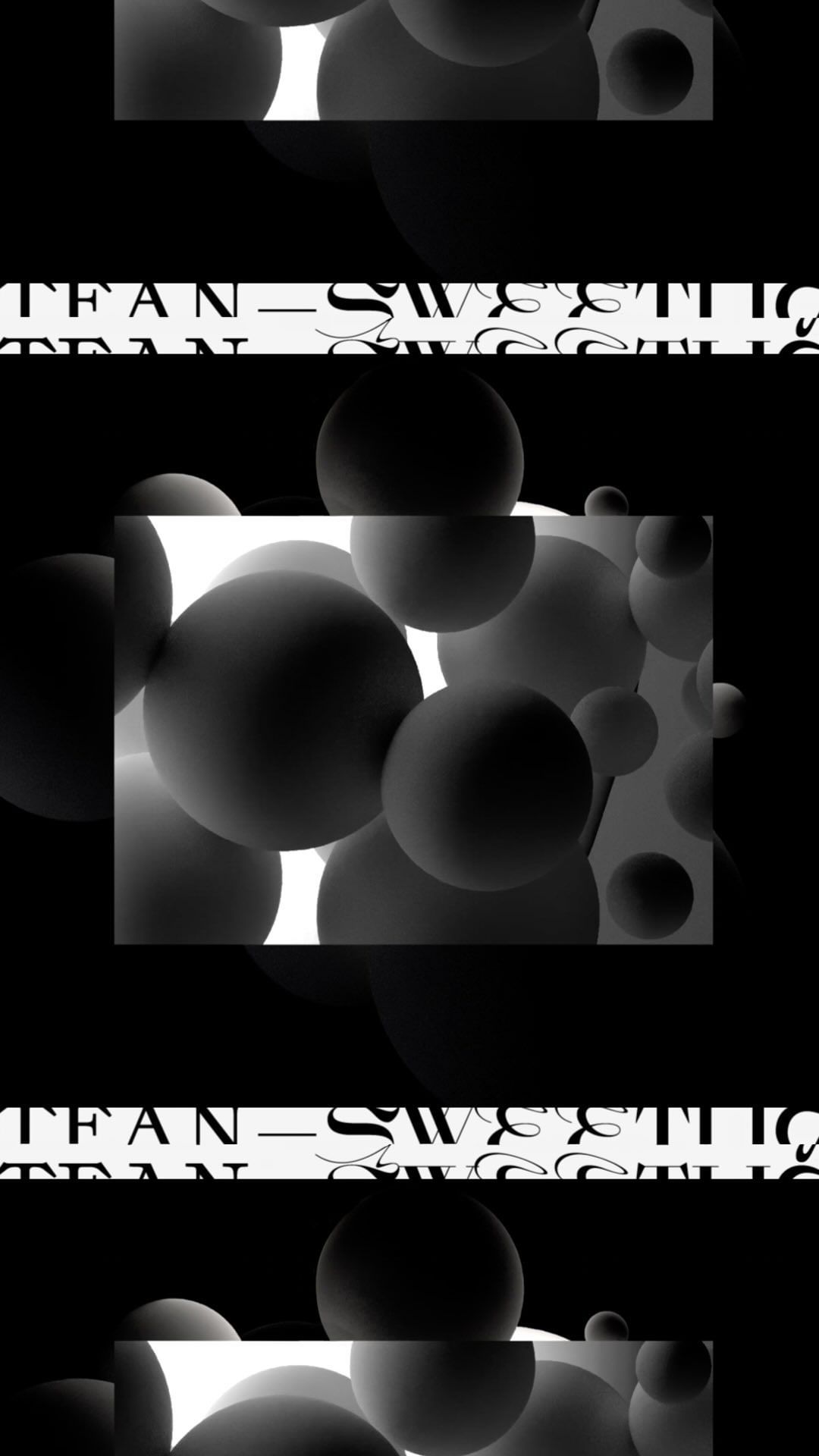 Abstract black and white design features floating spheres, text stripes. Modern, high-contrast visual.
