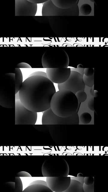 Abstract black and white design features floating spheres, text stripes. Modern, high-contrast visual.