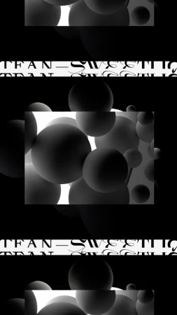 Abstract black and white design features floating spheres, text stripes. Modern, high-contrast visual.