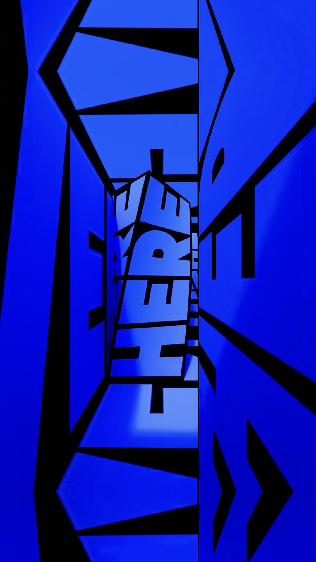Abstract tunnel effect with blue walls and perspective, featuring the word "THERE" in bold, geometric letters on the center wall.