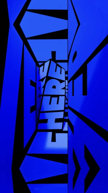 Abstract tunnel effect with blue walls and perspective, featuring the word "THERE" in bold, geometric letters on the center wall.