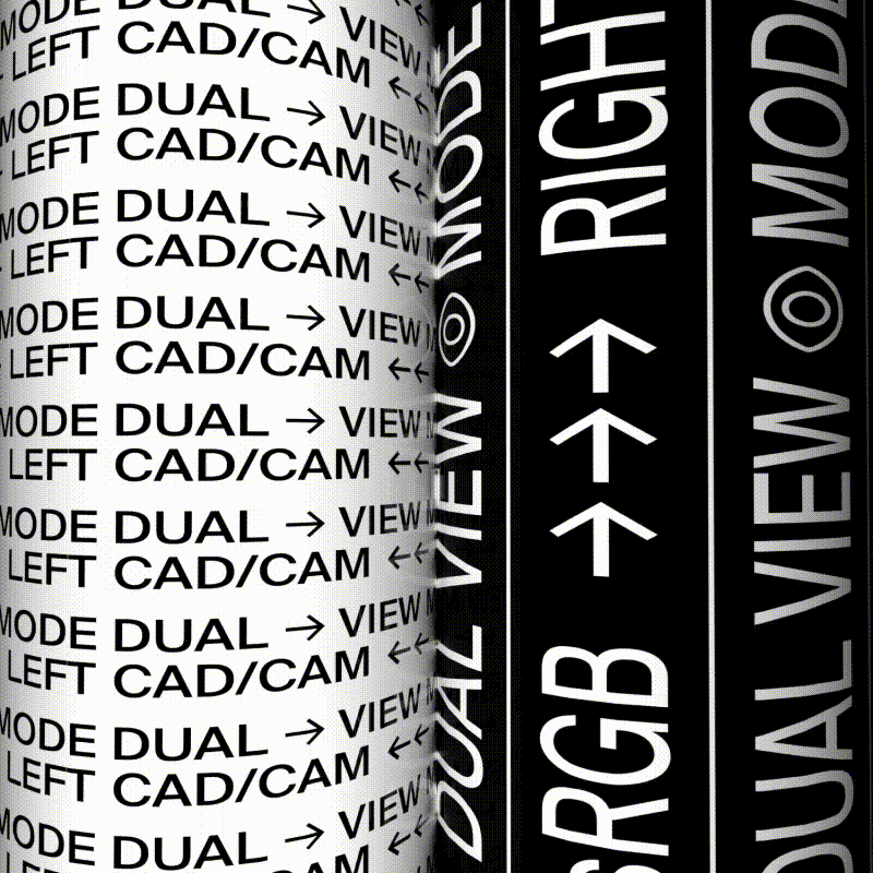 Abstract composition featuring cylindrical forms covered in computer and design-related terminology with a black background and dynamic lighting.