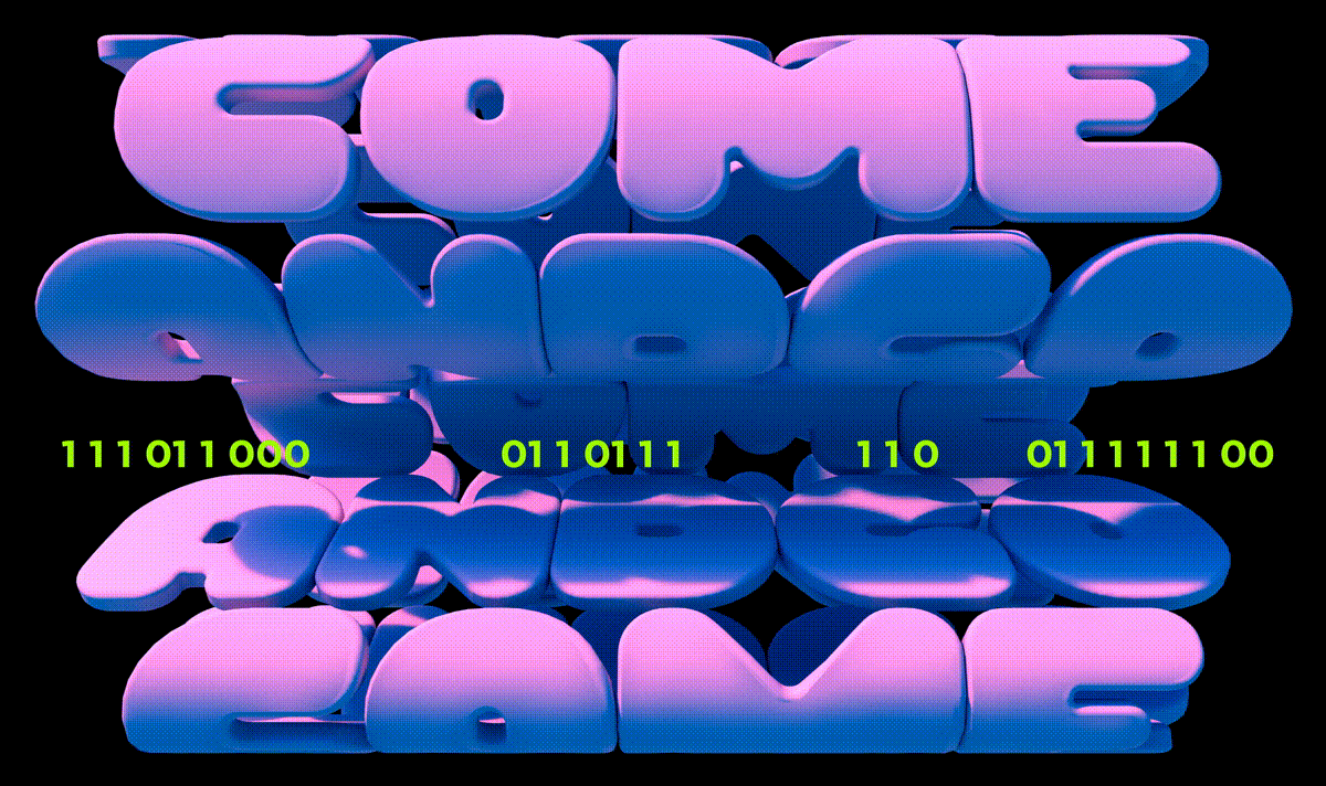 3D rendered text art featuring 'Come and Play a Game' in stacked, rounded, vibrant gradient letters, set against a solid black background.