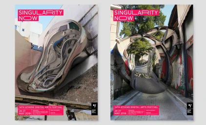 Two digital art posters featuring distorted reflective metallic sculptures in urban alleyways with hot pink typography