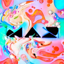 Abstract 3D CGI artwork featuring vibrant pastel and neon colors, fluid organic shapes, and geometric black triangular cutouts.