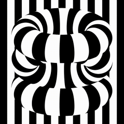 Black and white abstract 3D render featuring stacked toroidal shapes against a vertically striped background.