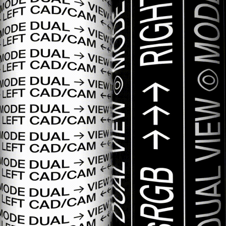 CGI artwork by Tina Touli featuring cylindrical columns with repeated typographic patterns in black and white.