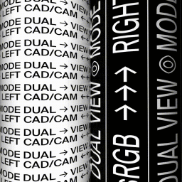 CGI artwork by Tina Touli featuring cylindrical columns with repeated typographic patterns in black and white.