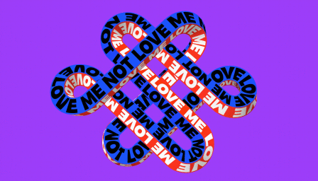 CGI loop of interlocking typographic ribbons reading love me not against a vibrant solid purple background