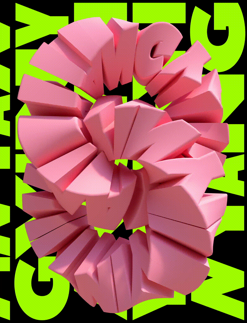 3D render of pink extruded typographic blocks forming a twisted spiral against a black and neon green background.