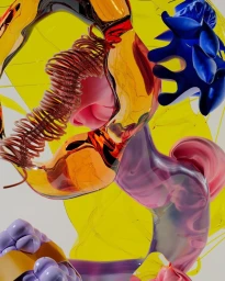 Abstract 3D render with transparent amber glass, pink organic shapes, and blue plastic forms against yellow and white backgrounds.