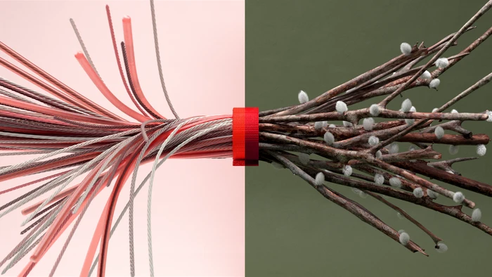 CGI split composition showing bundled wires on the left and pussy willow branches on the right secured by a red strap