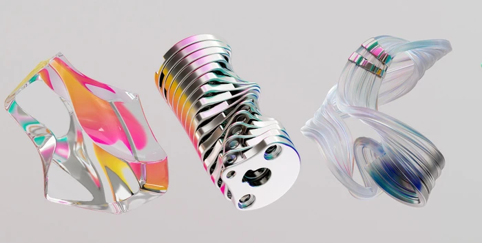 Three abstract 3D rendered CGI sculptural objects with iridescent reflections against a plain light grey background