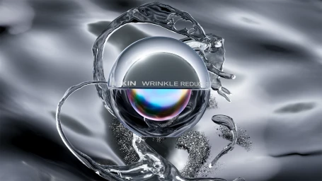 CGI product render of a futuristic silver sphere surrounded by splashing water on a metallic liquid background.