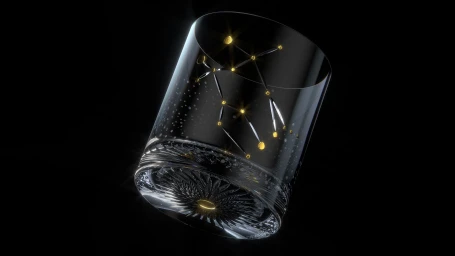 Crystal glass tumbler featuring glowing golden constellation patterns and intricate faceted base on black