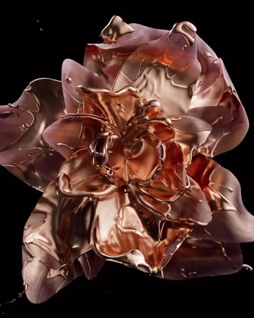 Close-up CGI shot of a rose bloom covered in molten rose-gold, set against a stark black background. Digital flower art, floral texture.