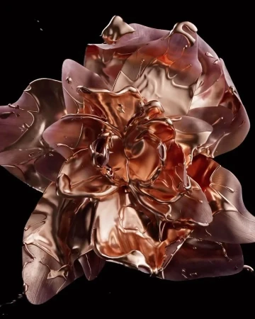 Close-up CGI shot of a rose bloom covered in molten rose-gold, set against a stark black background. Digital flower art, floral texture.