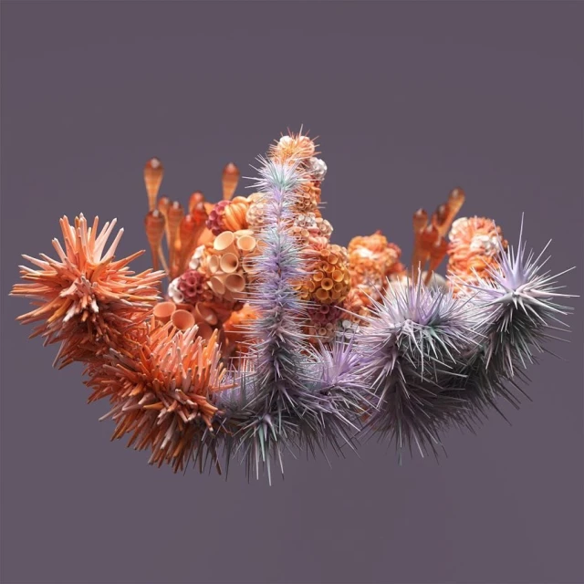 A CGI rendering features orange and lavender spiky spheres and tubular forms on a muted purple backdrop, evoking underwater life.