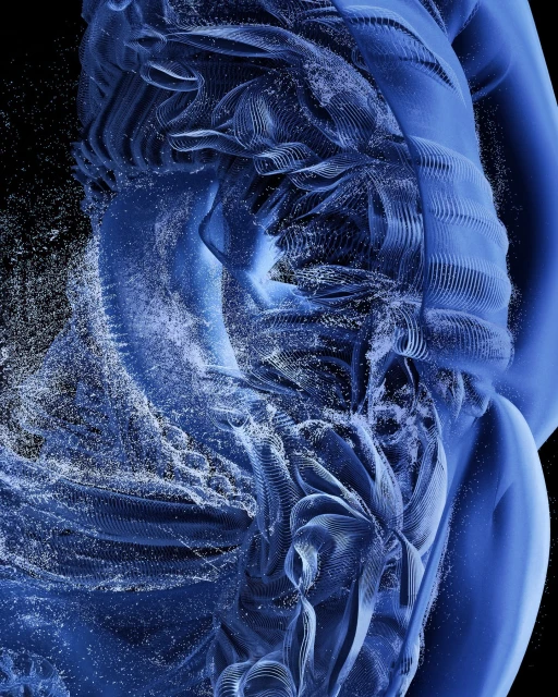 Abstract digital art of a human figure, rendered in detailed blue lines and textures on a dark background, creating a dynamic and flowing design.